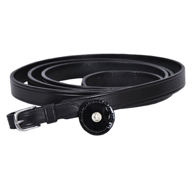 Black leather Arabian Show Lead coiled on a white background.