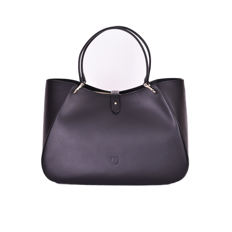 Freedman's Cabriolet Bag: Black leather tote with unique curved design, inspired by the elegance of Cabriolet carriages.