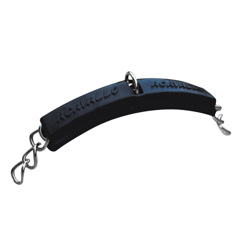 Acavallo Gel Curb Chain Guard, designed to protect horse's chin from curb chain pressure, made of black gel with attached metal chain and ring, laid out on a white background.