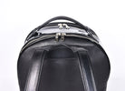 Close-up of black leather backpack, The Jaunty by Freedman's, showing dual zippers, top handle, and shoulder straps
