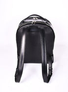 Black leather backpack, The Jaunty by Freedman's, rear view with adjustable shoulder straps and dual zippers.

