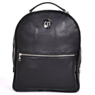Freedman's Jaunty Backpack, black textured leather, silver circular logo on top, front zippered pocket with silver zipper, dual zippers on main compartment, top handle, white background.