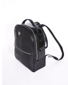 Black leather backpack, The Jaunty by Freedman's, angled perspective with patent leather accent, logo, zippers, and shoulder straps.