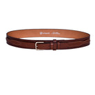 Close-up of Freedman's Croco Ranger Belt: Detailed Crocodile Embossing and nickel Buckle on Brown Leather