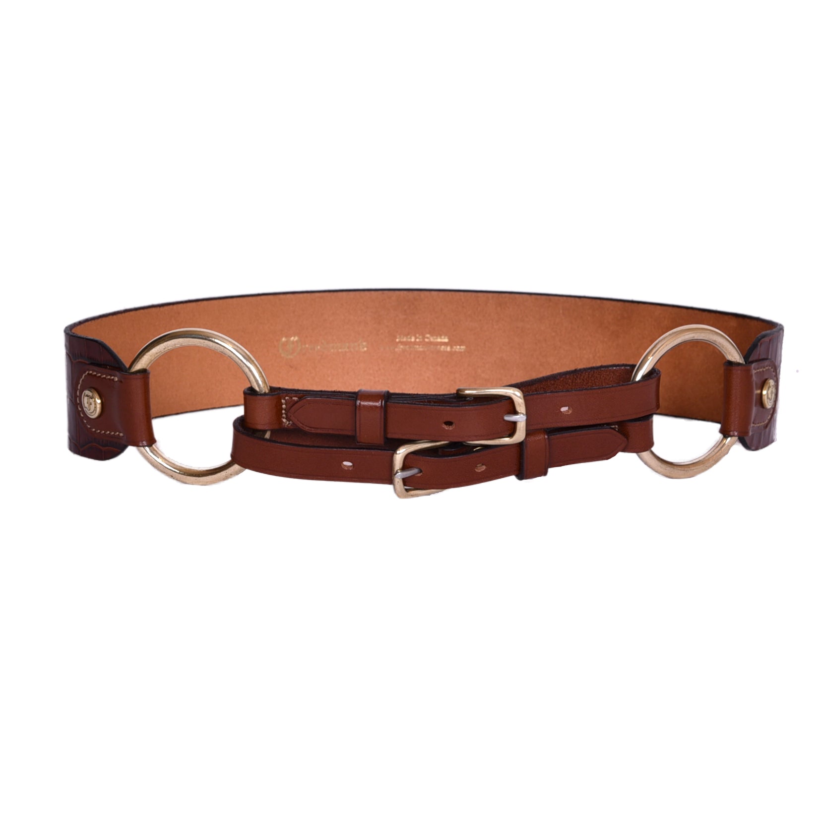Close-up of Freedman's Croco Ring Belt: Detailed Crocodile Embossing and Unique Double Ring Buckle on Brown Leather