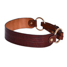 Close-up of Freedman's Croco Ring Belt: Detailed Crocodile Embossing and Unique Double Ring Buckle on Brown Leather