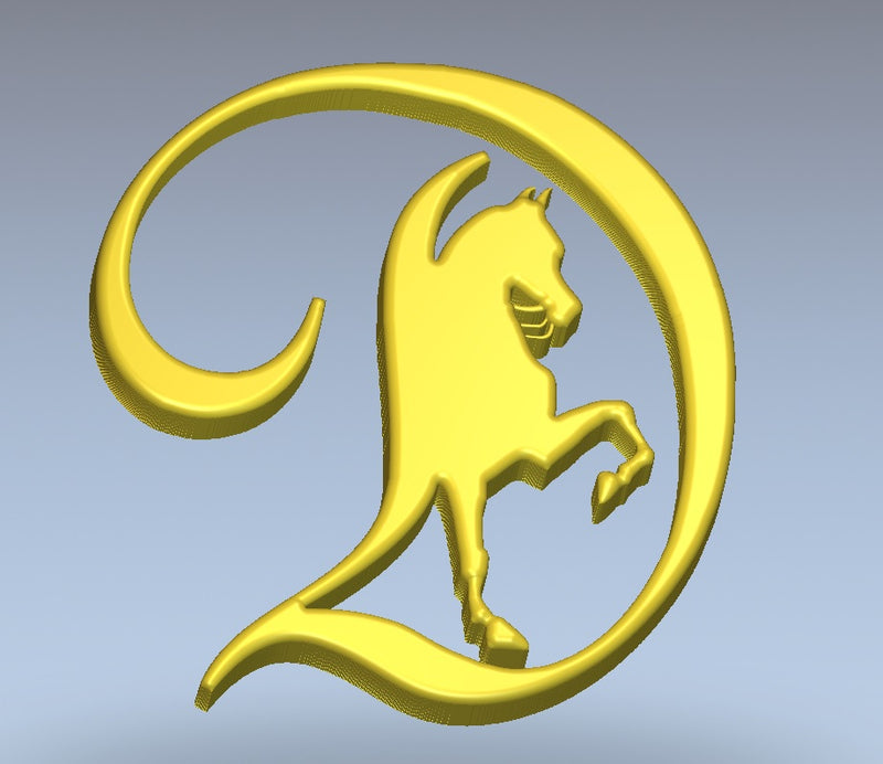 A custom browband of a Gold horse graphic forming a "D" Which is the  Julie Daniel Logo