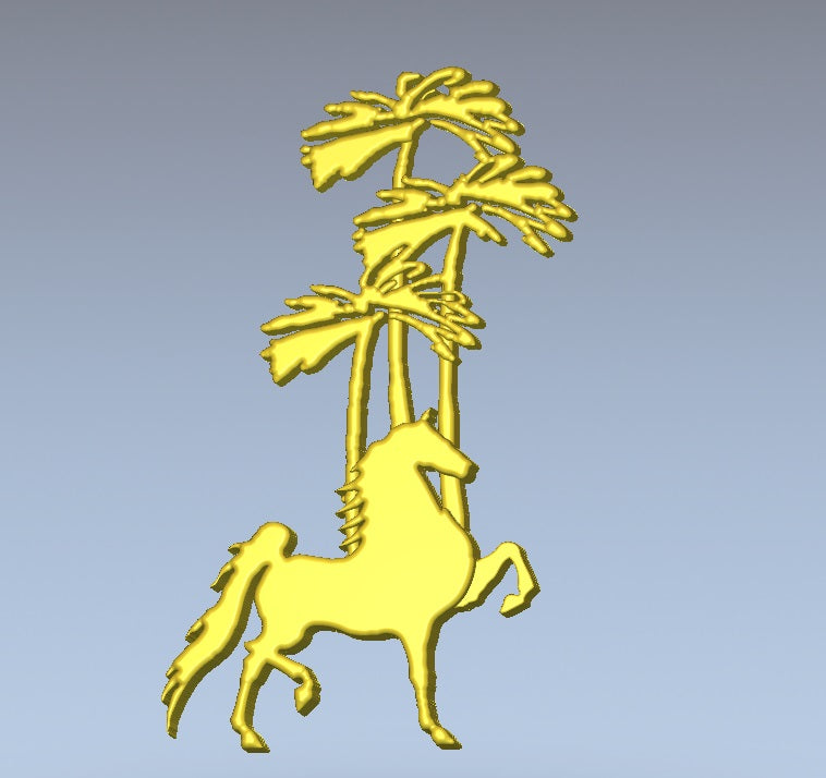  Gold graphic of a horse and three palm trees.