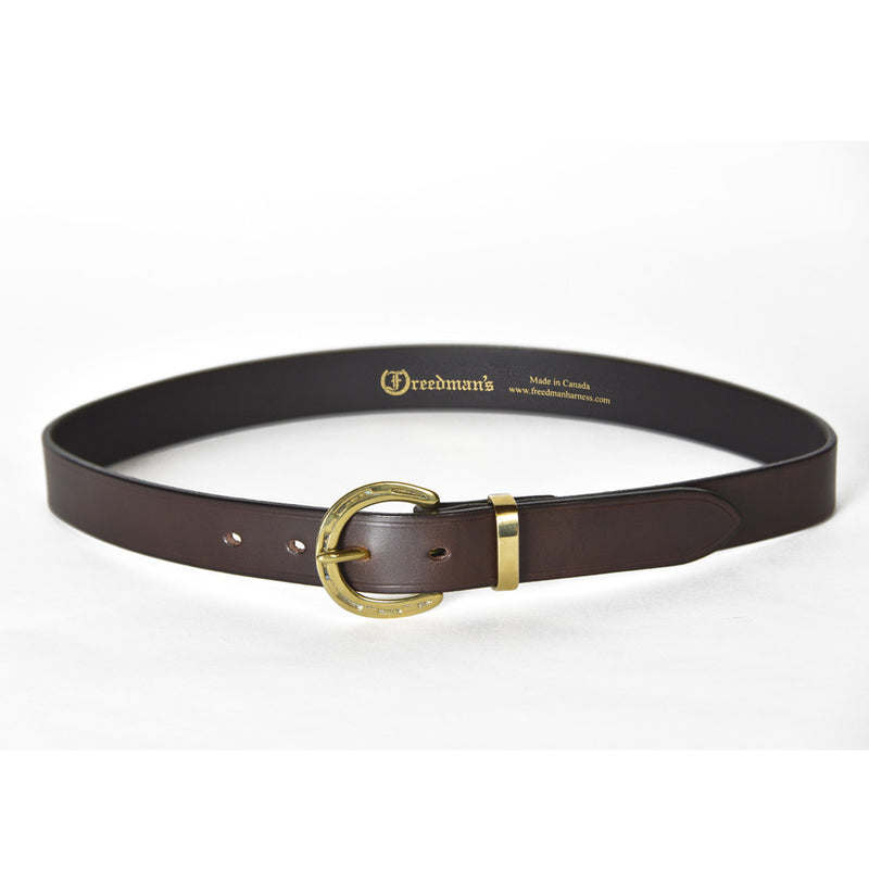 Dark Brown Belt with Horseshoe Buckle and Brand Inscription 