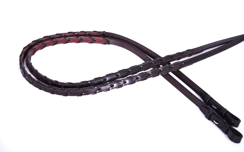 Inside Rubber Laced Reins: Leather Reins with Rubber Inside Grip, Laced Detailing, and Buckle Closures