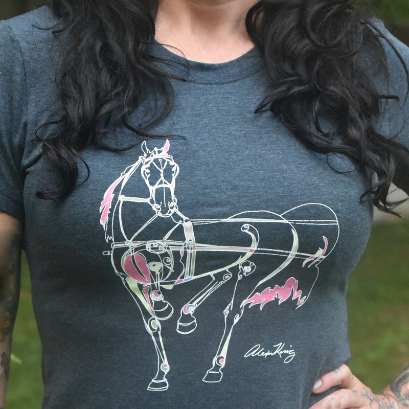 Women wearing the Freedman's Ladies T-Shirt with Alexa King Graphic. Equestrian-inspired tee featuring an artistic horse design - Heather Lake