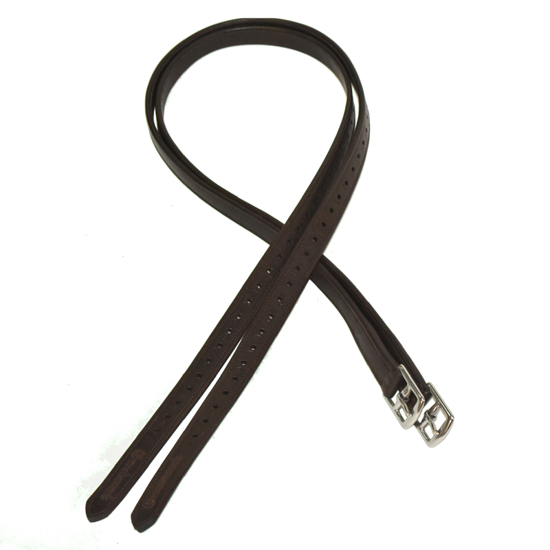 Pair of brown leather Soft Stirrup Leathers with silver buckles, looped on a white background.


