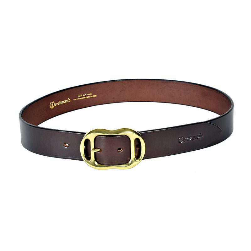 Freedman's Center Bar Buckle Belt: Brown Leather Belt with Brass Center Bar Buckle, Close-up View