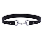 Black leather Snaffle Buckle Padded Caveson Belt with silver snaffle bit buckle and stud details, displayed on a white background.