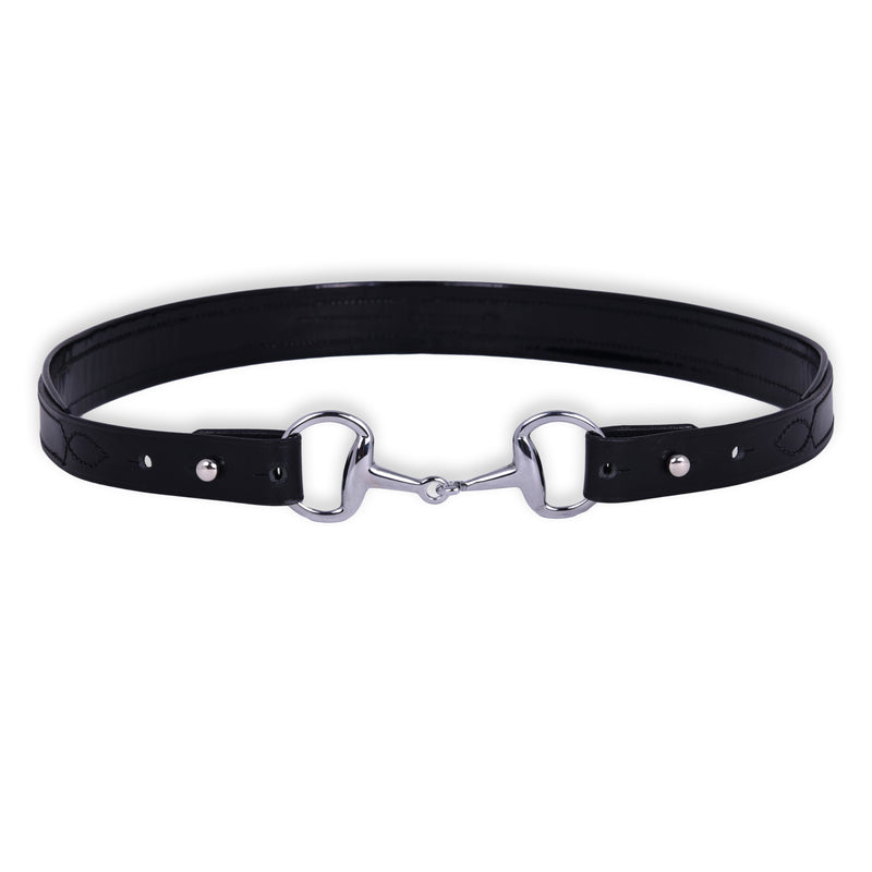 Black leather Snaffle Buckle Padded Caveson Belt with silver snaffle bit buckle and stud details, displayed on a white background.