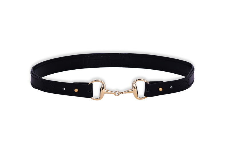 Black leather Snaffle Buckle Padded Caveson Belt with brass snaffle bit buckle and stud details, displayed on a white background.