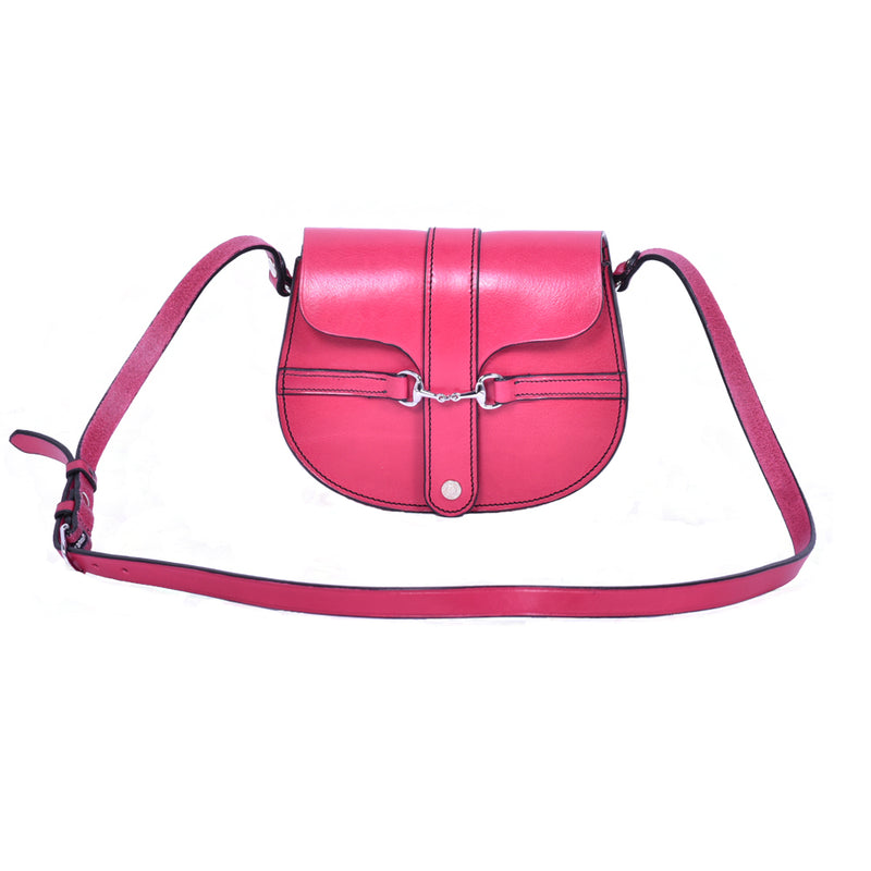 Pink leather Small Snaffle Bit Shoulder Bag by Freedman's with Silver snaffle bit hardware and adjustable strap, displayed on a white background.
