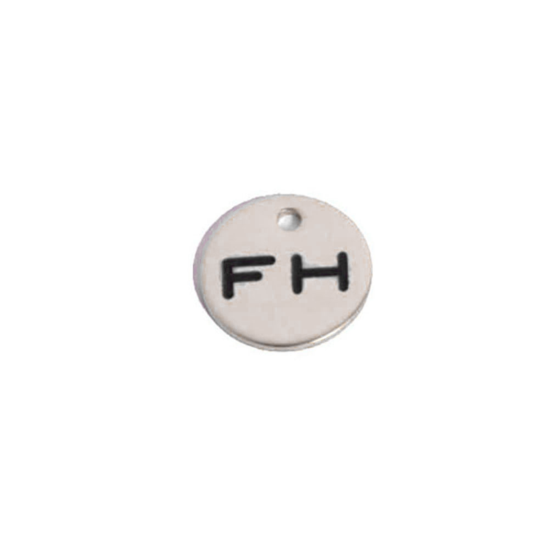 Round Tag with "FH" lettering, chrome
finish, displayed on a white background.