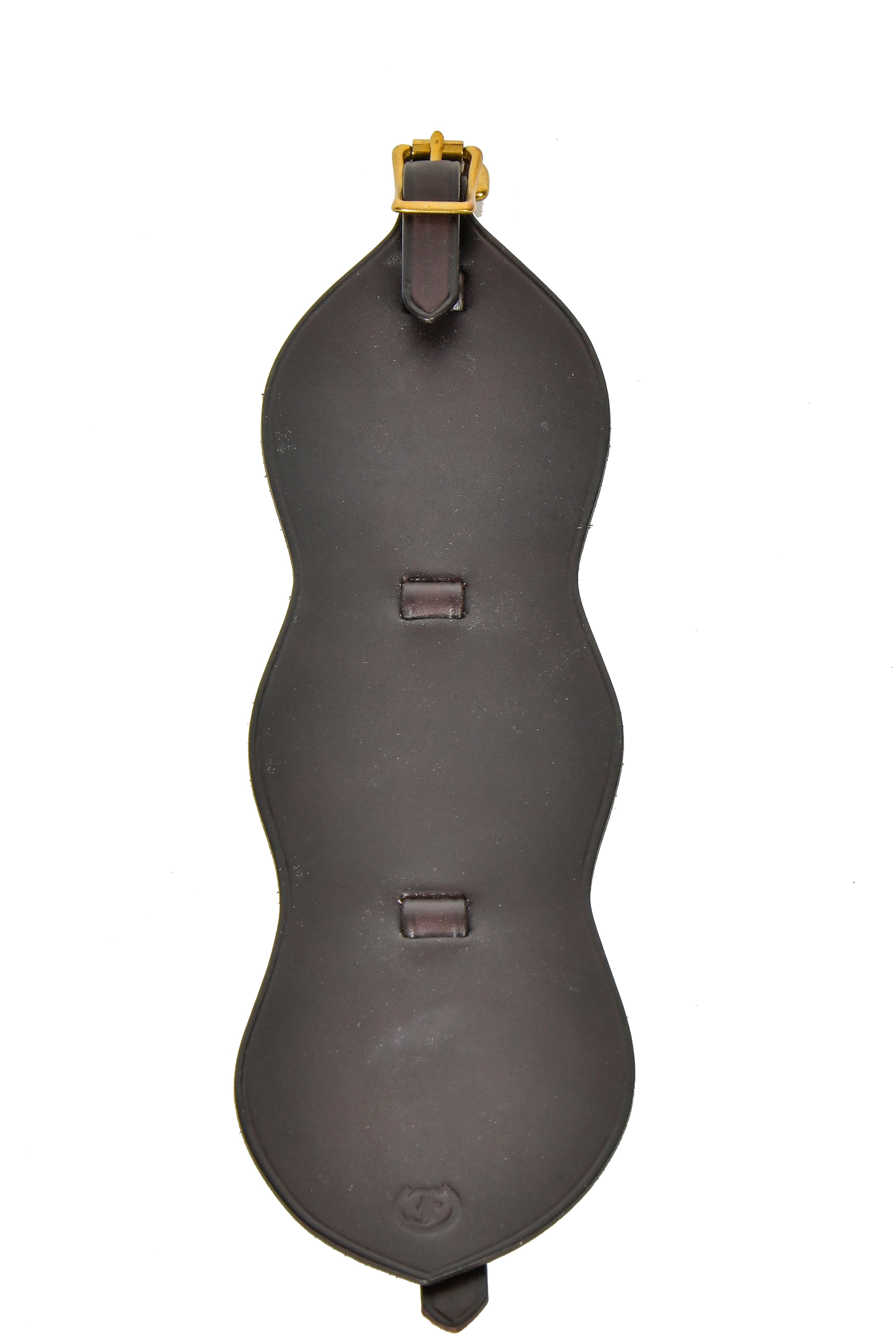 Antique horse brass leather hanger, specifically designed to hold three horse brasses, crafted from dark leather with a brass buckle and three individual slots/loops.