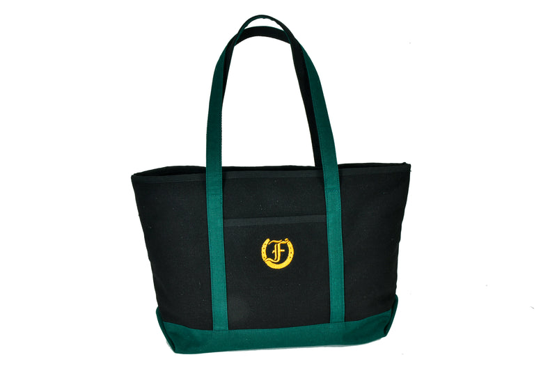 Oxford Large Cotton Tote in black and green with gold embroidered logo, standing on a white background.