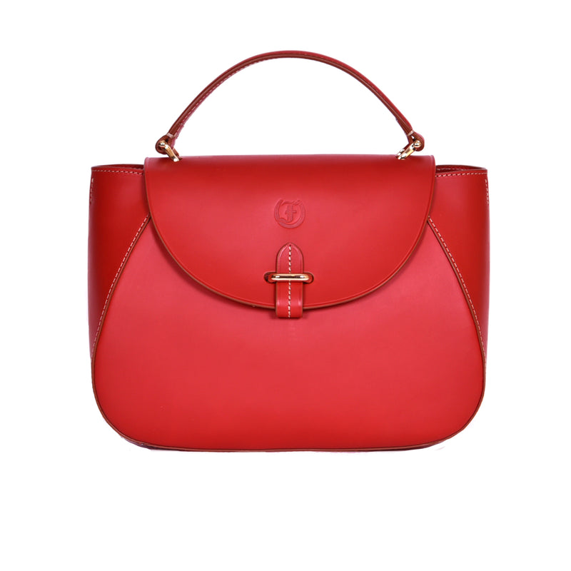 Red leather Sociable Bag by Freedman's with top handle, flap closure, and gold hardware, displayed on a white background.