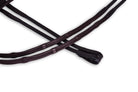 Close-up of brown leather Soft Padded Ratchet Reins by Freedman's with stitching detail, displayed on a white background.