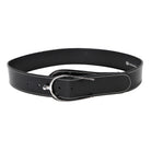 Black leather Spur Belt by Freedman's with chrome spur buckle and white stitching, displayed on a white background.