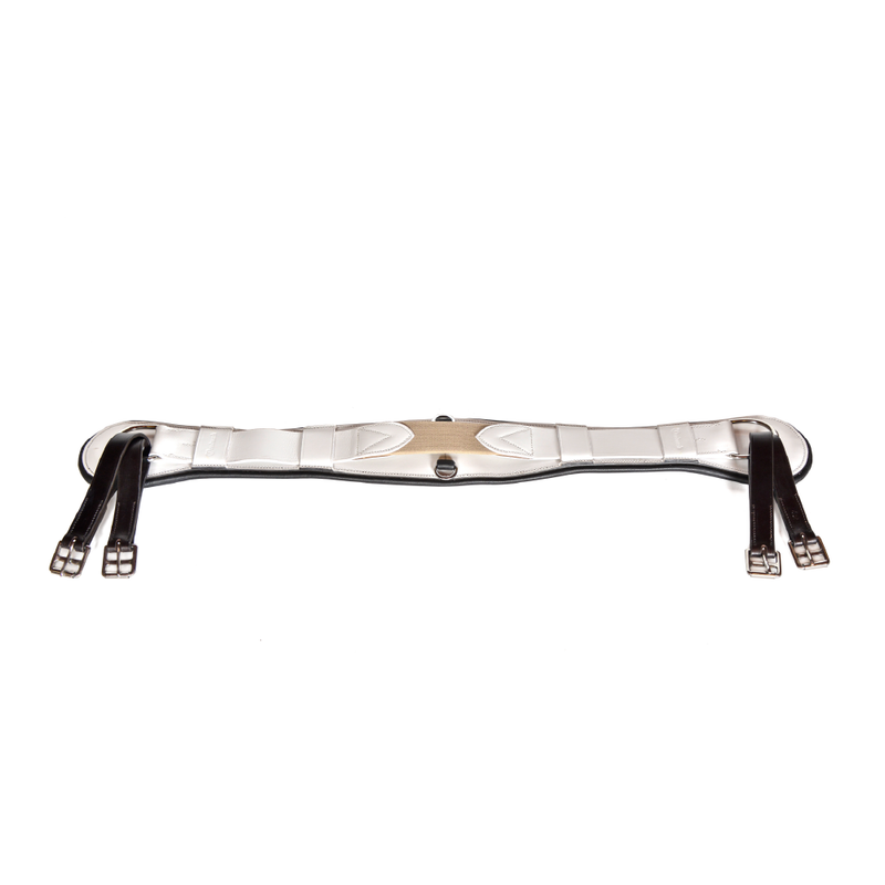 Freedman's Stabil-Flex Girth, full view, white padded center with black leather straps and silver buckles, horse tack for secure saddle fit and comfort.