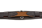 Close-up of Freedman's Brown Leather Stabil-Flex Girth, showing tan center panel and D-rings.