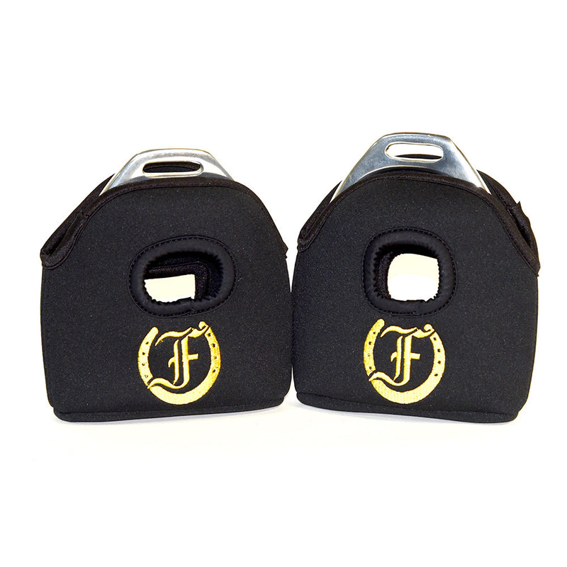 Pair of black Logo Protective Stirrup Covers with gold Freedman's logos.