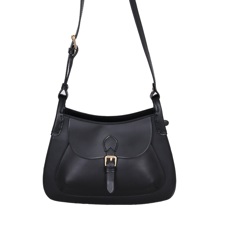 Black leather Buckingham Bag with a flap closure and buckle detail, shown on a white background.