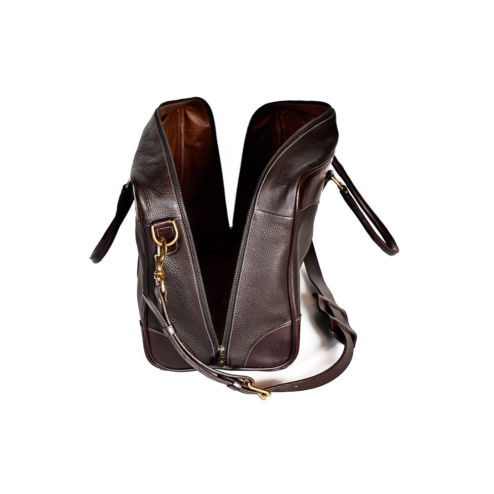 Freedman's Stanhope Overnight Bag, Open, Displaying Two-Tone Leather Interior, Zipper Closures, and Side Handle, White Background