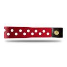 Red Patent Leather Browband with white dots, wide tapered design, polished brass Freedman logo buttons, and dark leather ends, laid flat.