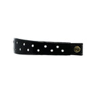 Black Patent Leather Browband with small white dots, wide tapered design, polished brass Freedman logo buttons, and dark leather ends, laid flat.