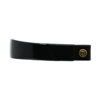  Wide Tapered Patent Leather Browband, glossy Black finish, dark leather ends with gold button detail and embossed logo, laid flat on white background, showing smooth surface.
