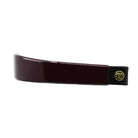  Wide Tapered Patent Leather Browband, glossy Burgundy finish, dark leather ends with gold button detail and embossed logo, laid flat on white background, showing smooth surface.