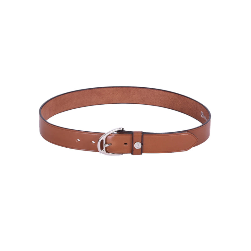 Freedman's Wembley 1 3/8" Stirrup Buckle Belt, tan leather, silver stirrup-shaped buckle, embossed logo on leather loop, shown on white background.