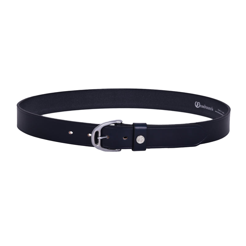 Freedman's Wembley 1 3/8" Stirrup Buckle Belt, Navy leather, silver stirrup-shaped buckle, embossed logo on leather loop, shown on white background.