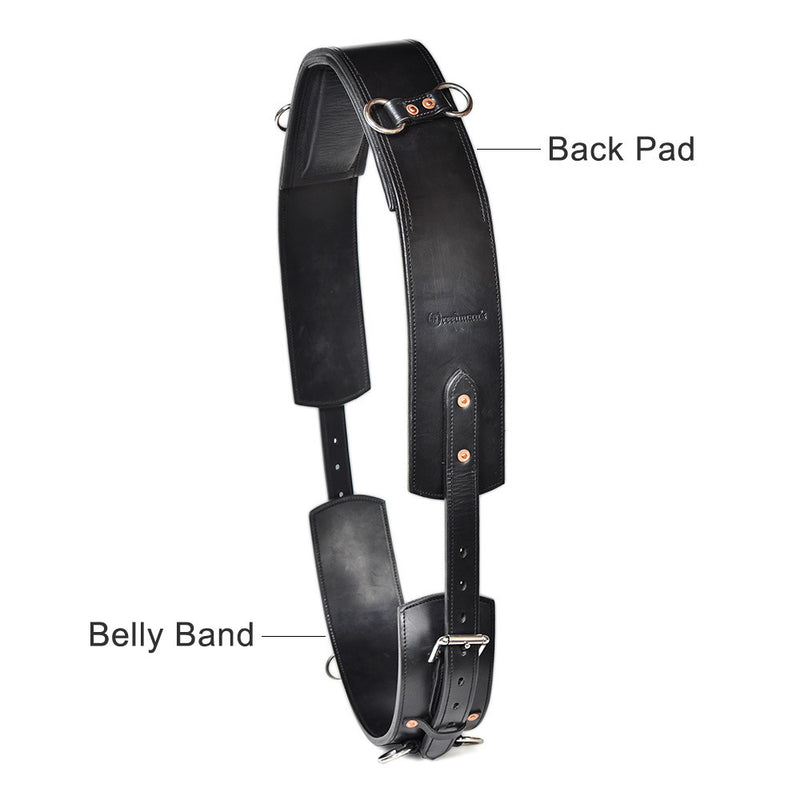 Freedman’s Crupper & Bustle Set Back Pad – premium black leather harness with a padded back pad and adjustable belly band for superior horse comfort and performance. Ideal for driving and saddle stability.