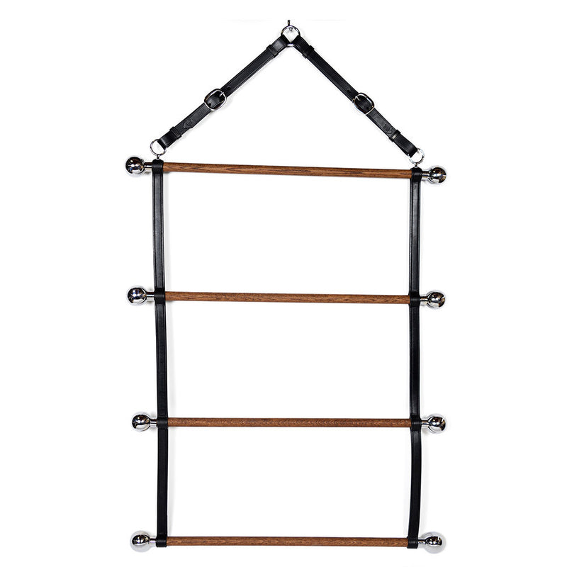 Three-tiered Blanket Rack made of solid oak, black stained leather and brass buckles and rings on a white background.