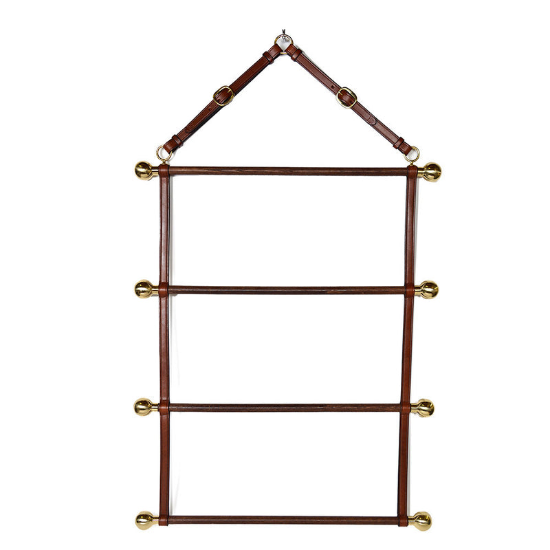 Three-tiered Blanket Rack made of solid oak, brown stained leather and brass buckles and rings on a white background.