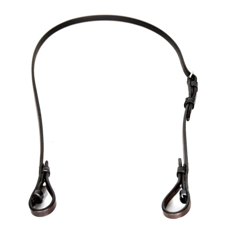 Brown leather Bradoon Strap/Snaffle on a white background.