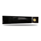 Black browband, patent leaher,  wide tapered design, turned edge, polished brass Freedman logo buttons, laid flat.
