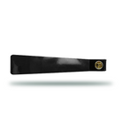 Black patent leather horse browband with gold hardware with Freedman’s logo.