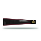 Black patent leather horse browband with turned burgundy edge and gold hardware
