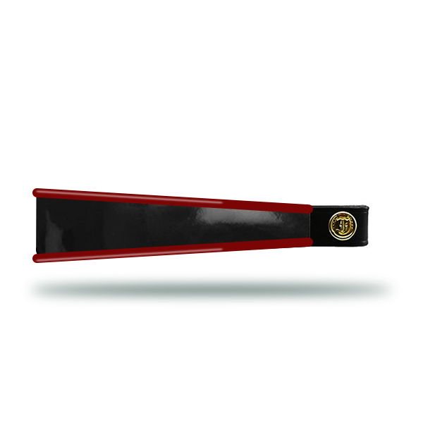 Black patent leather horse browband with turned red edge and gold hardware
