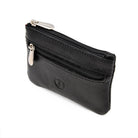 Black leather Small Coin Case by Freedman's with two zipper compartments and silver pulls, displayed on a white background.