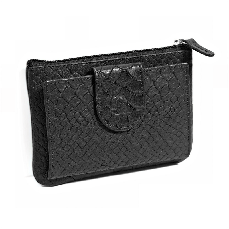 Black Ladies Wallet: Medium Size with Snake Skin Texture, Zipper Coin Pocket, and Snap Flap Closure