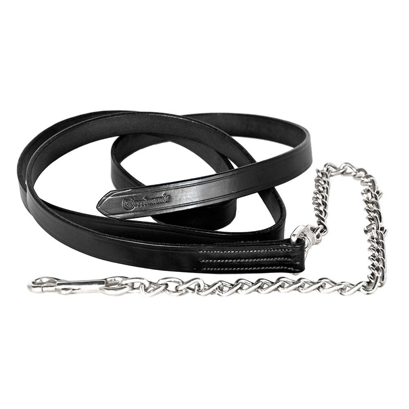 Black bridle leather lead shank with a 1" width, featuring a chain and snap attachment.

