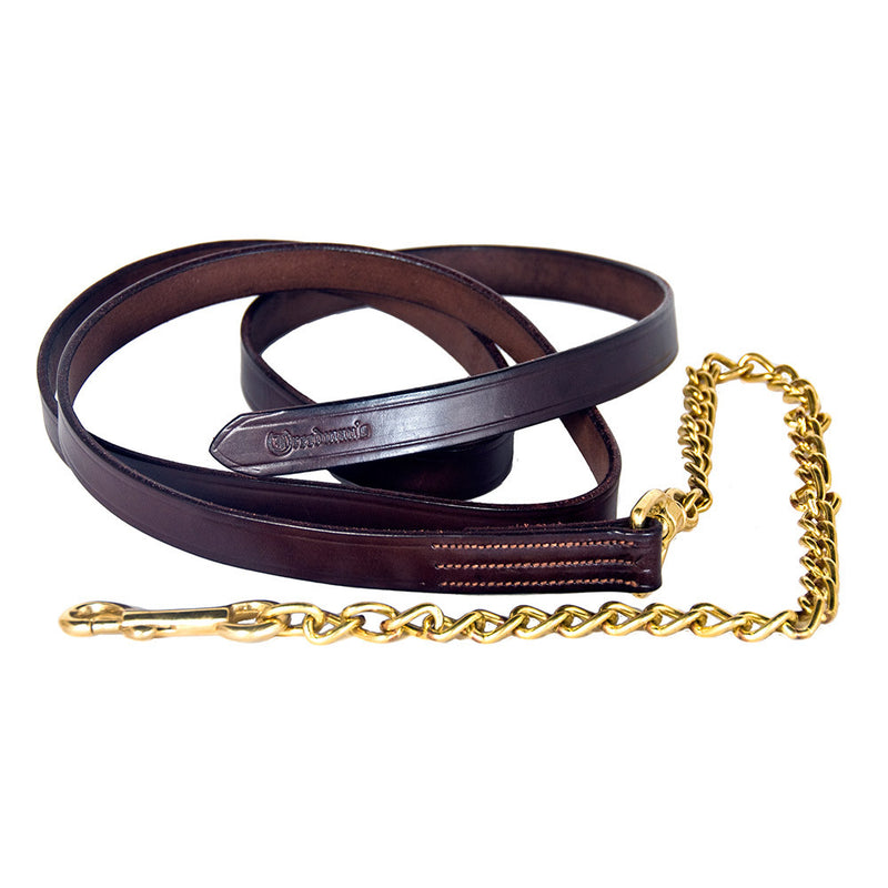 Dark brown bridle leather lead shank with a 1" width, featuring a chain and snap attachment.